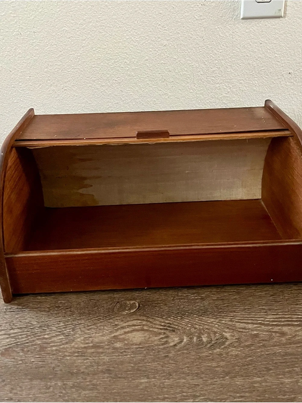 Vintage Wooden Roll-Top Bread Box in Brown